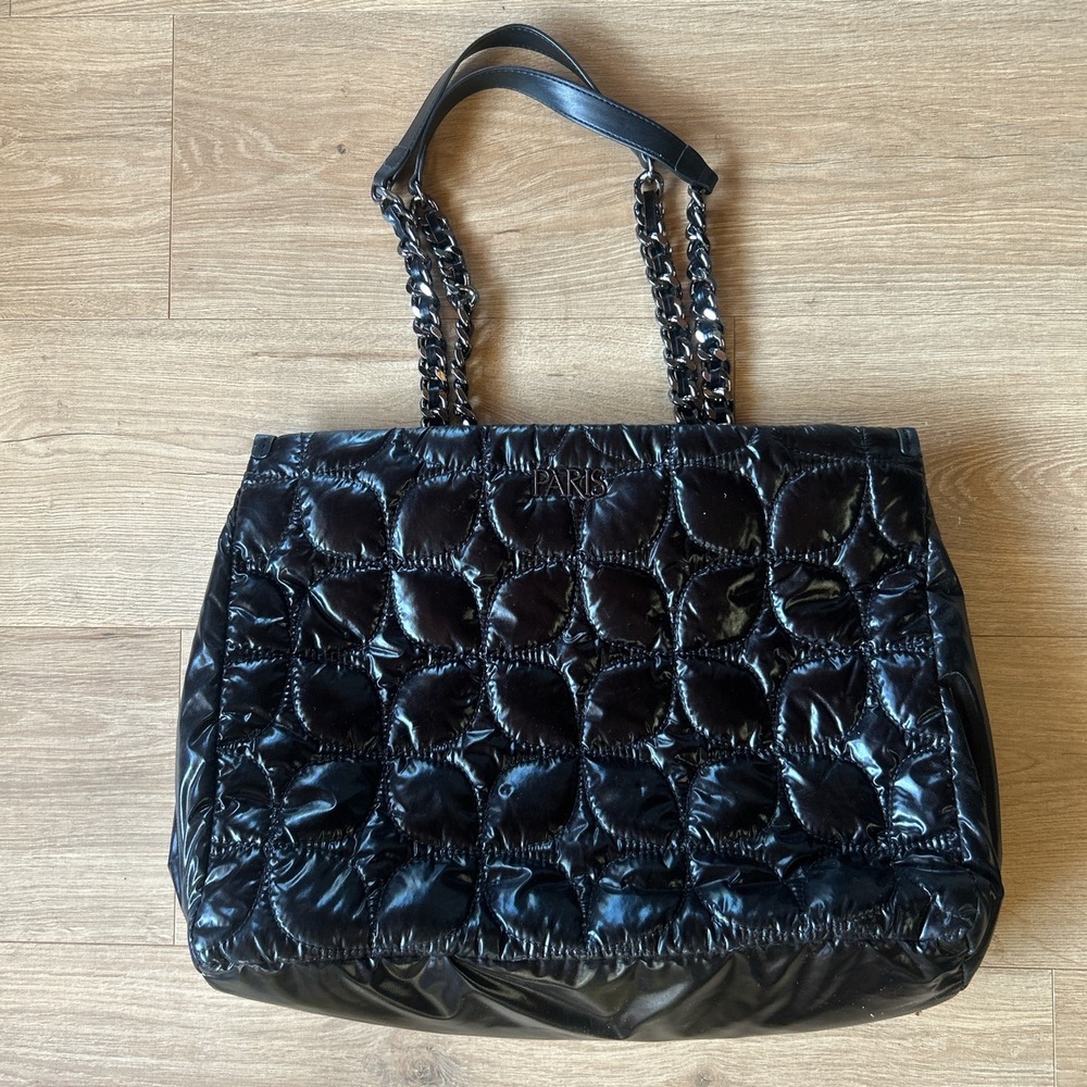 Paris Hilton Black Quilted Puffer Tote Bag Glossy Chain Strap Shoulder Bag